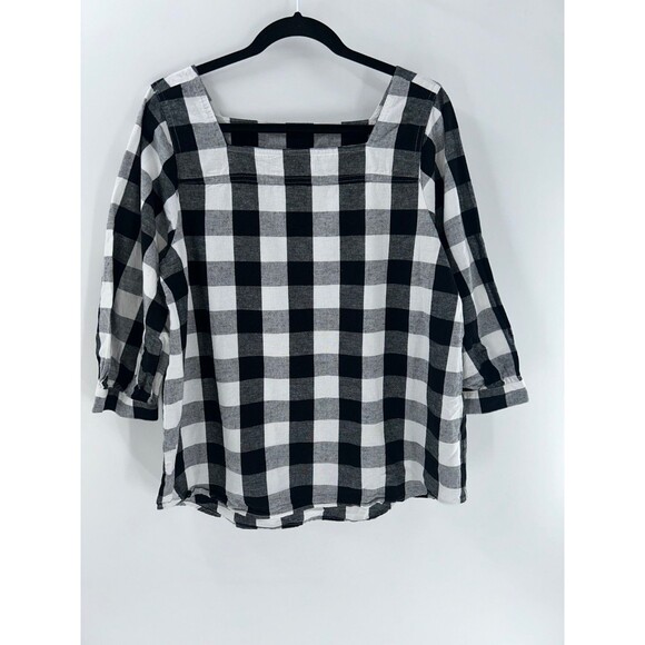Time And Tru Tops - Women's Time & True Black White Gingham Square Neck Cotton Linen Top Size L